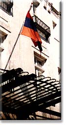 The flag of Armenia over the entrance to the Chancery, near Massachusetts Avenue's 