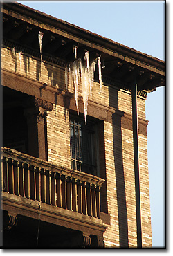 Icicles hanging from the eaves of the Iraqi embassy in March, 2009.